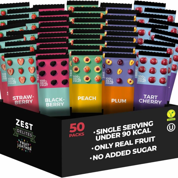 【Flash Sale】Fruit Snacks by Zest Delites, Dried Fruit Leather Bars, Healthy Snacks for Adults, Vegan, Healthy Sweets, Apple-Based Blackberry, Strawberry, Peach, Tart Cherry, Plum, 25g x 50