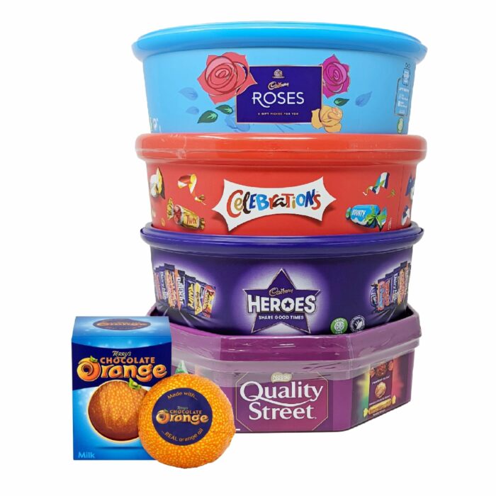 【Flash Sale】Assorted Christmas Chocolate Tubs Selection - Pack of 5 - Bulk Buy of Roses, Heroes, Quality Street, Celebrations Chocolate Pralines & 1 Terry's Orange Chocolate with Topline Card for Chocolate Gifts