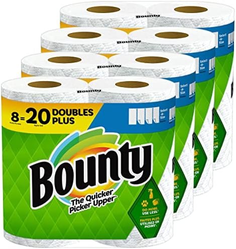 Bounty Select-A-Size Paper Towels. White. 8 Double Plus Rolls = 20 Regular Rolls