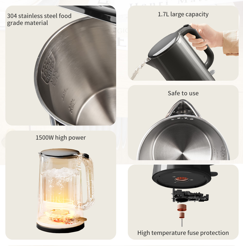 Simplus 1.7L Electric Kettle | 1500W Fast Heating | 304 Stainless Steel Inner | Double-layer Anti-Dry Burn Protection