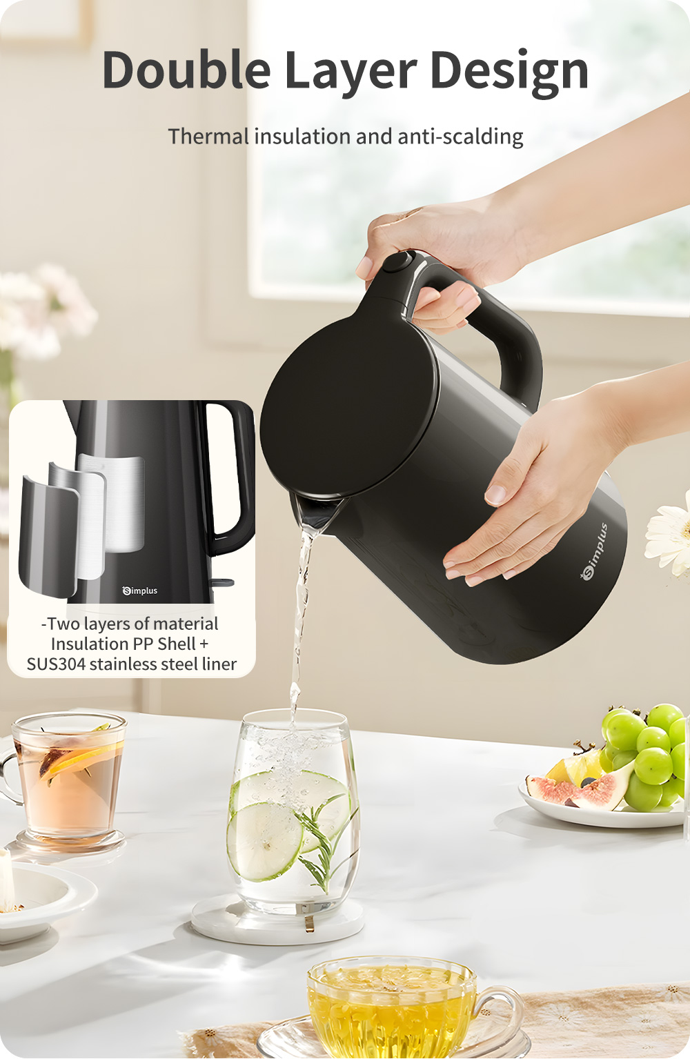 Simplus 1.7L Electric Kettle | 1500W Fast Heating | 304 Stainless Steel Inner | Double-layer Anti-Dry Burn Protection