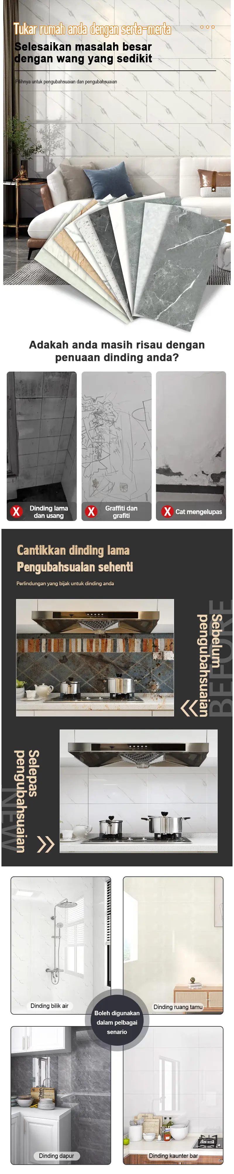 Peel & Stick Marble Wall Tiles Malaysia’s Easy Home Upgrade — No Renovation Needed Waterproof • Oil-Proof • Renter-Friendly • DIY in Minutes